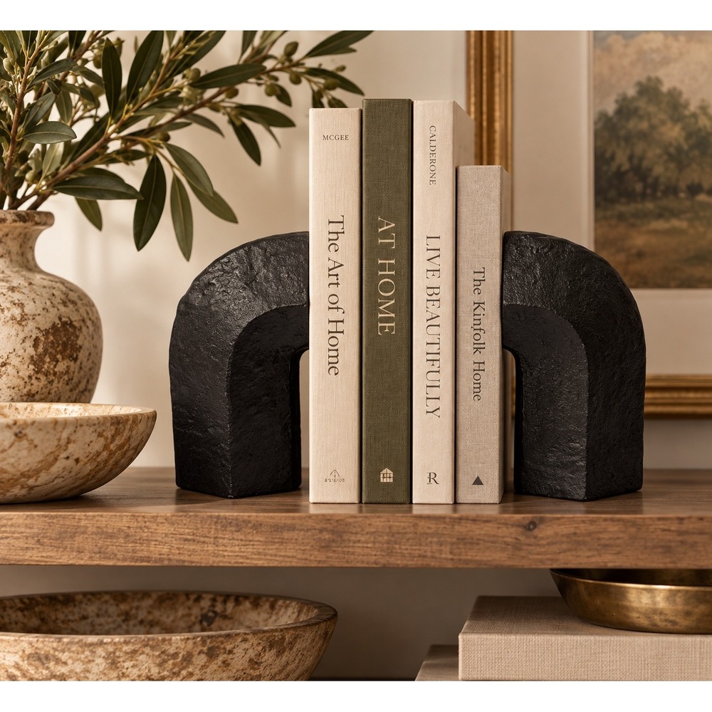 Pottery Barn Arch Bookends Black Textured Cast Stone Modern Decor Set of 2